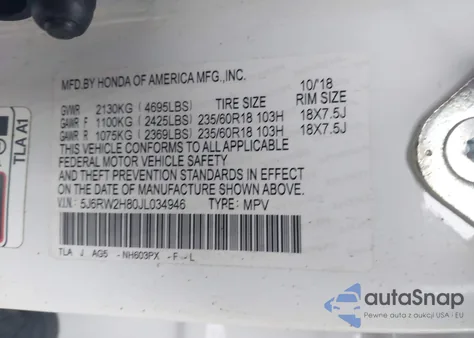 2018 Honda Cr-V Ex-L/Ex-L Navi z USA, uszkodzony, nr VIN 5J6RW2H80JL034946